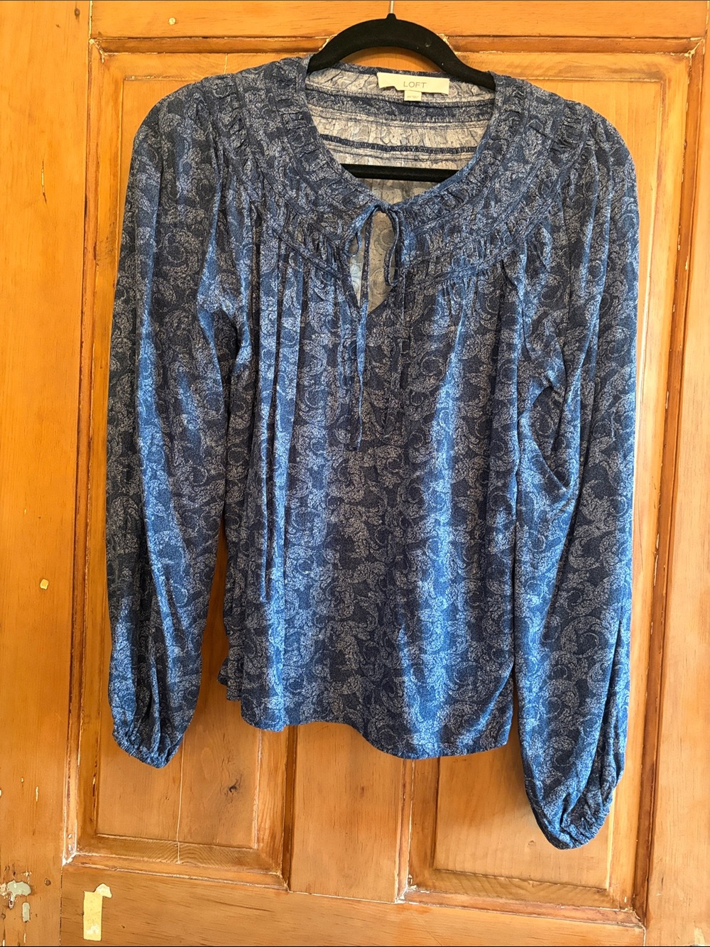 Loft Blue Paisley Long-Sleeve Tie-Neck Top